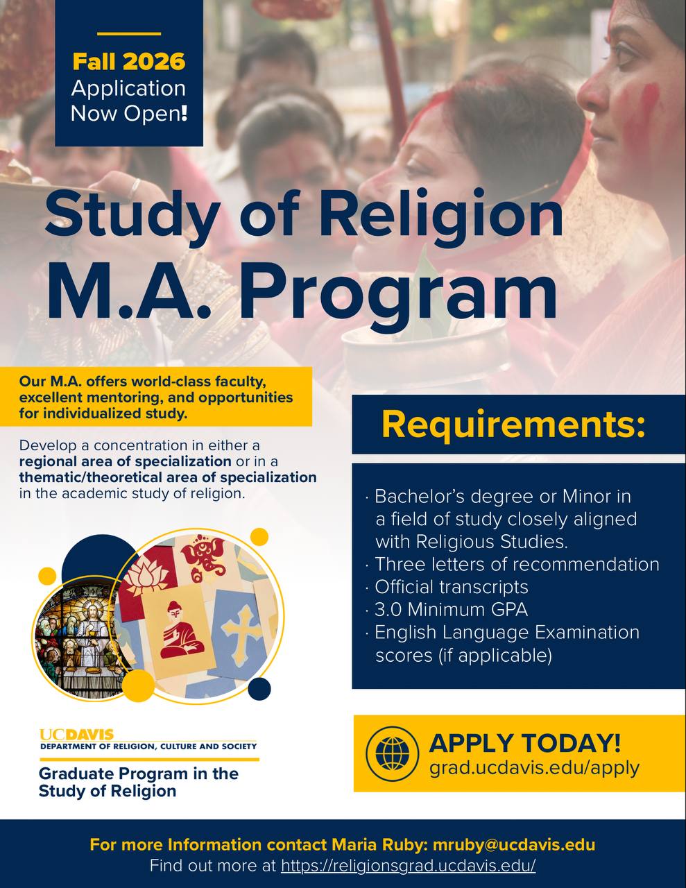 A flyer for the study of religion MA program, accepting applicants for Fall 26