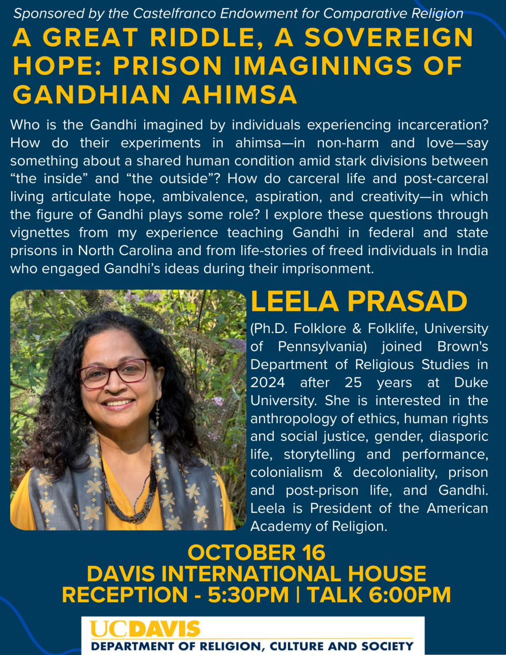A flyer for the upcoming event with a photo of the speaker.