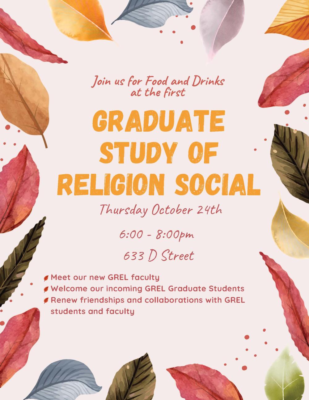 A poster of leaves and text advertising the graduate study of religion social