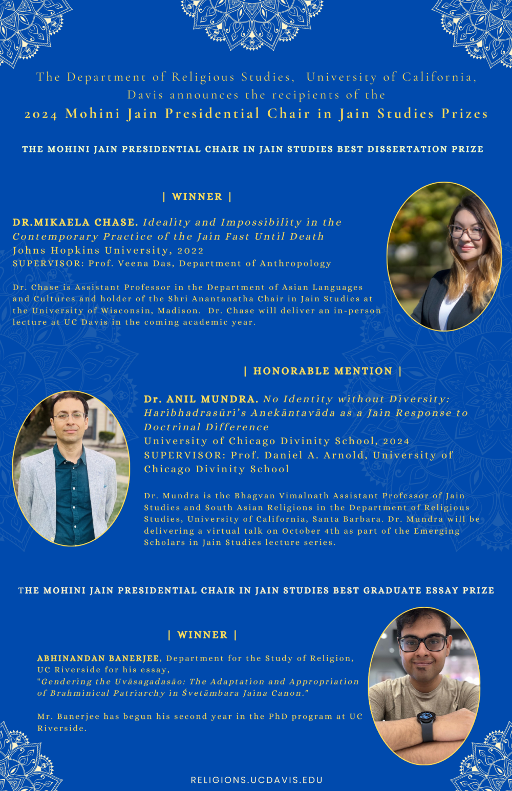 A flyer, text on a blue background with the photos of winners of the essay contest.