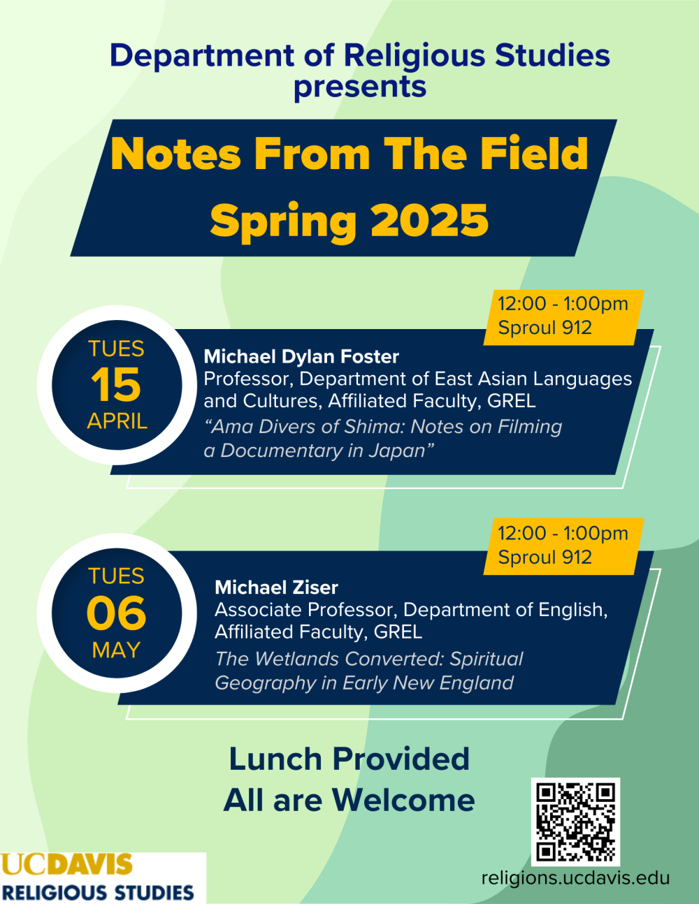 A flyer for the upcoming Notes From the Fields talks for Spring 2025