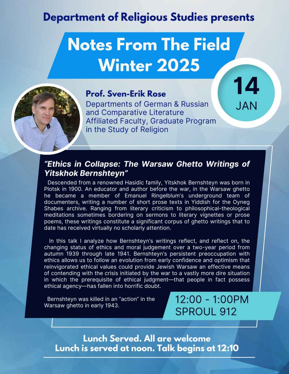 A flyer for the upcoming event, text on a blue background