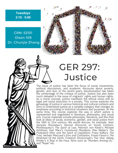 A flyer for the course, with Justice holding scales