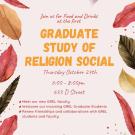 A poster of leaves and text advertising the graduate study of religion social
