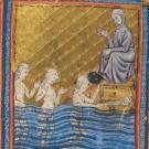 Medieval art of three figures in water, and a clothed figure out of the water. There's a baby in a box