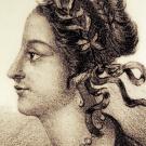 An old sketch of a woman with ribbons in her hair